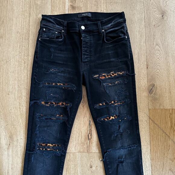 Amiri Leopard Thrasher Distressed Jeans in Aged Black - Picture 1 of 7